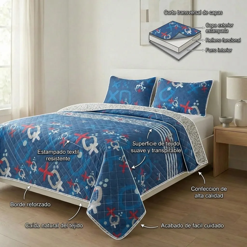 Cubrelecho Doble Faz Termosellado Signos En Fondo Azul Oscuro Confortable-5
