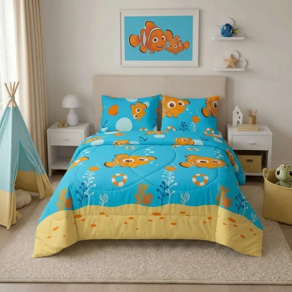 Cubrelecho Acolchado Disney Buscando A Nemo Celeste Estampados Animados-3