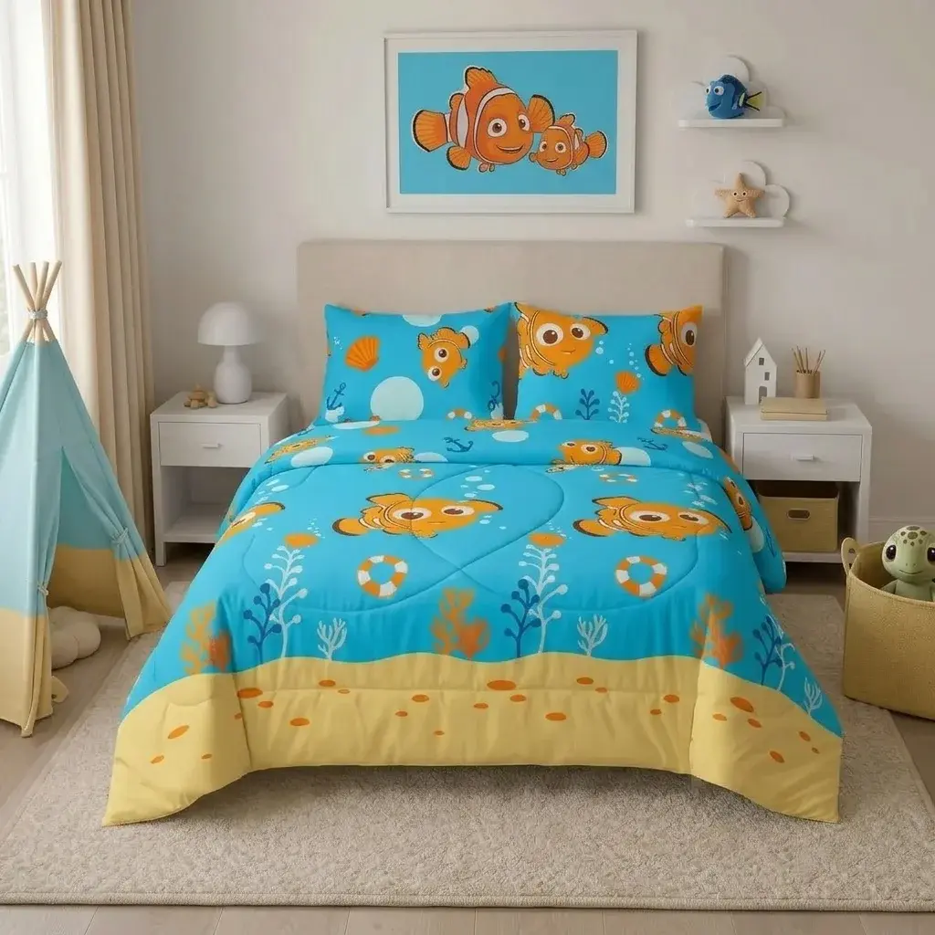 Cubrelecho Acolchado Disney Buscando A Nemo Celeste Estampados Animados-3