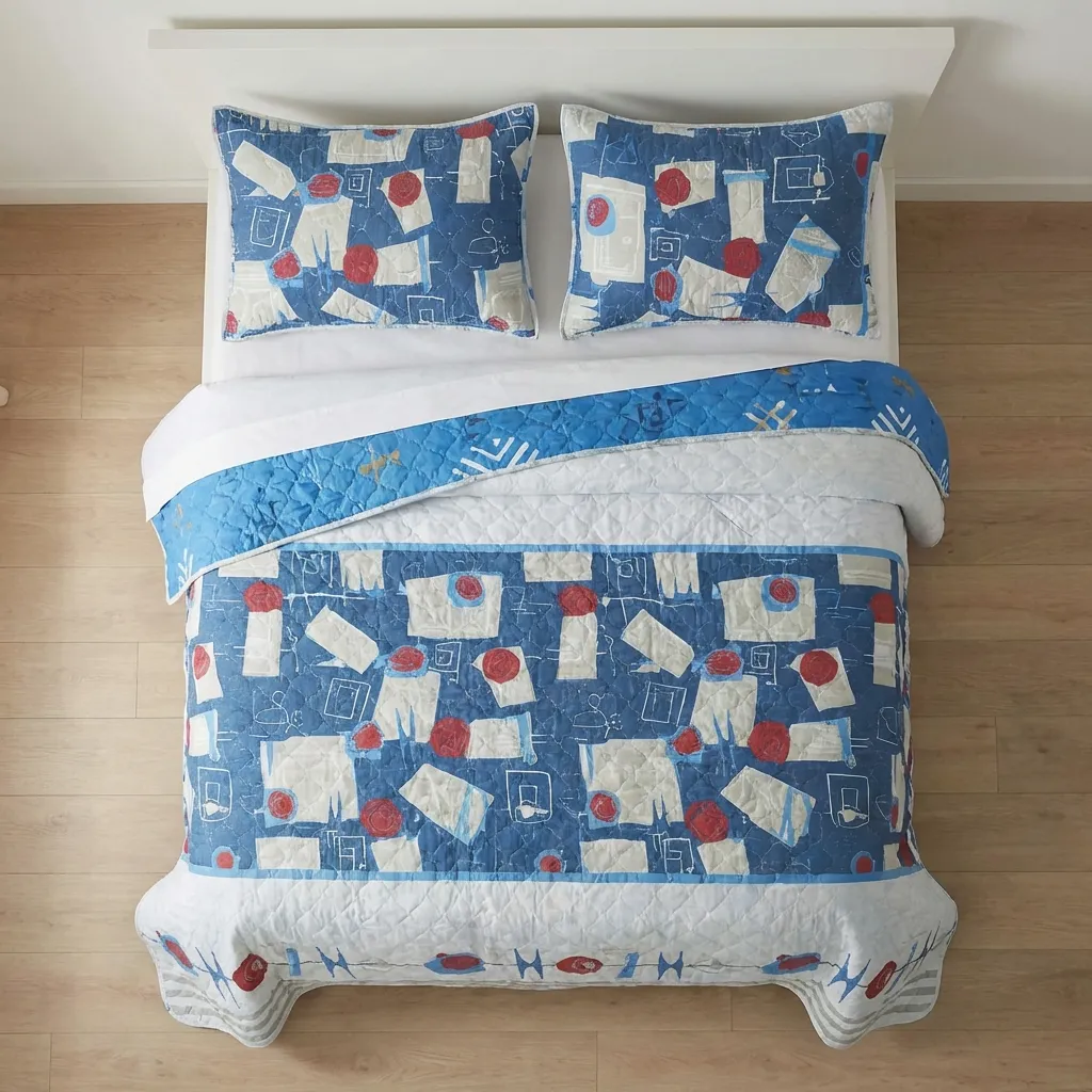 Cubrelecho Doble Faz Termosellado Símbolos Espaciales Fondo Blanco Con Azul Confortable-2