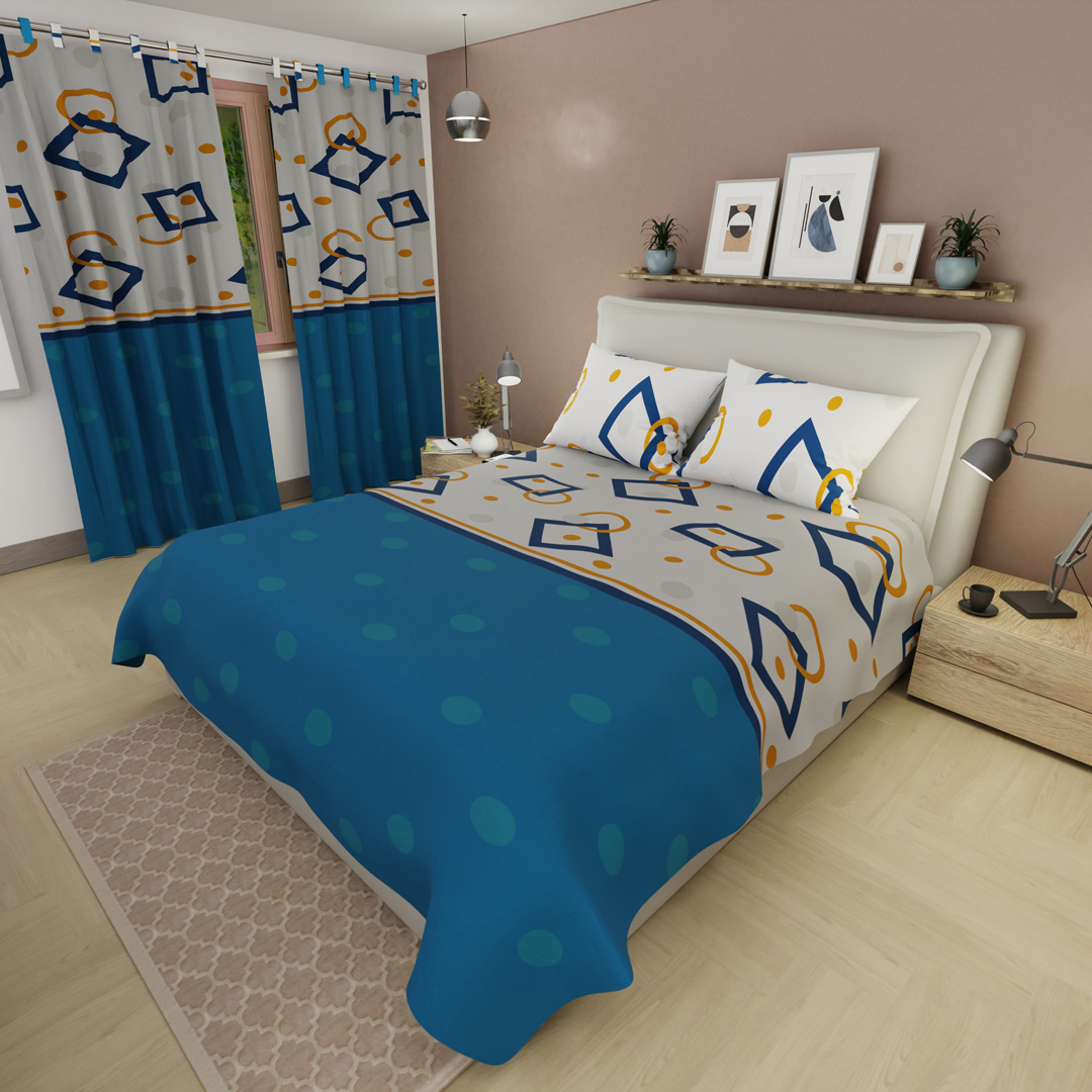 Juego De Sábanas Con Cortinas Taupe Diamonds Azul