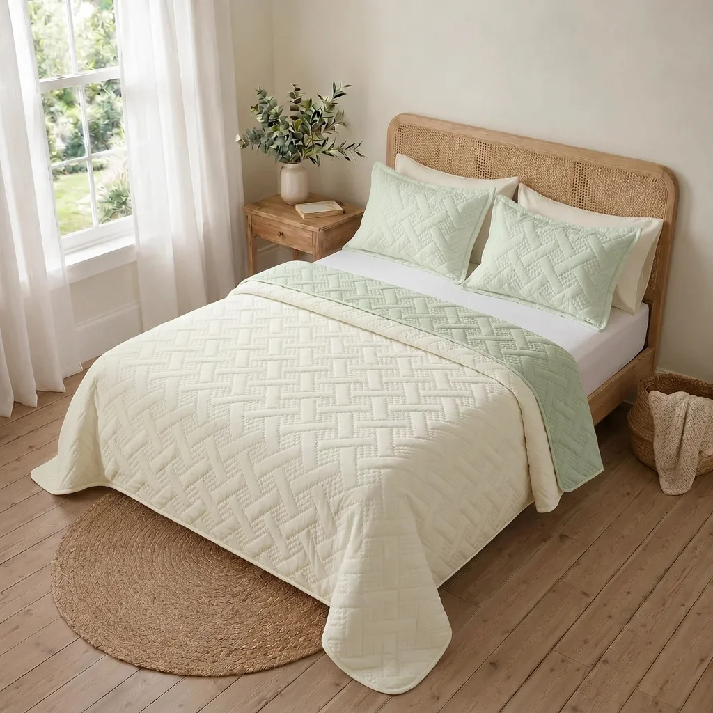 Cubrelecho Termosellado Cotton Sense Solo Fondo Beige - Verde