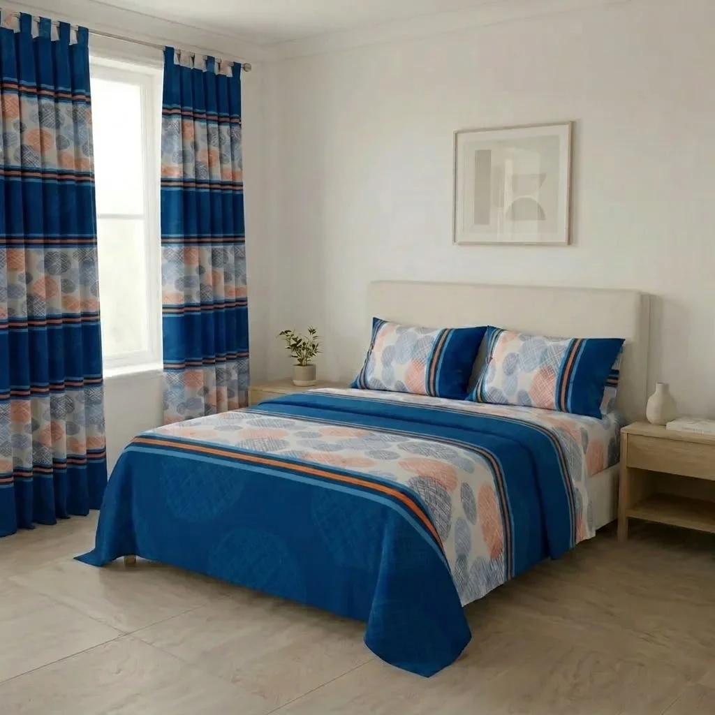 Juego De Sábanas Con Cortinas Azul Patrón Círculos En Rayas Ultra Suave-3