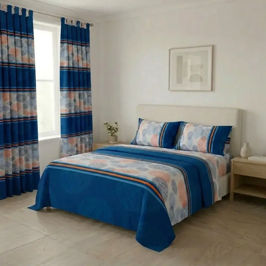 Juego De Sábanas Con Cortinas Azul Patrón Círculos En Rayas Ultra Suave-3