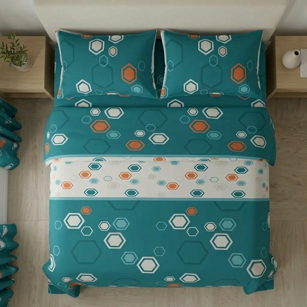 Juego De Sábanas Con Cortinas Mosaico Moderno En Azul-2