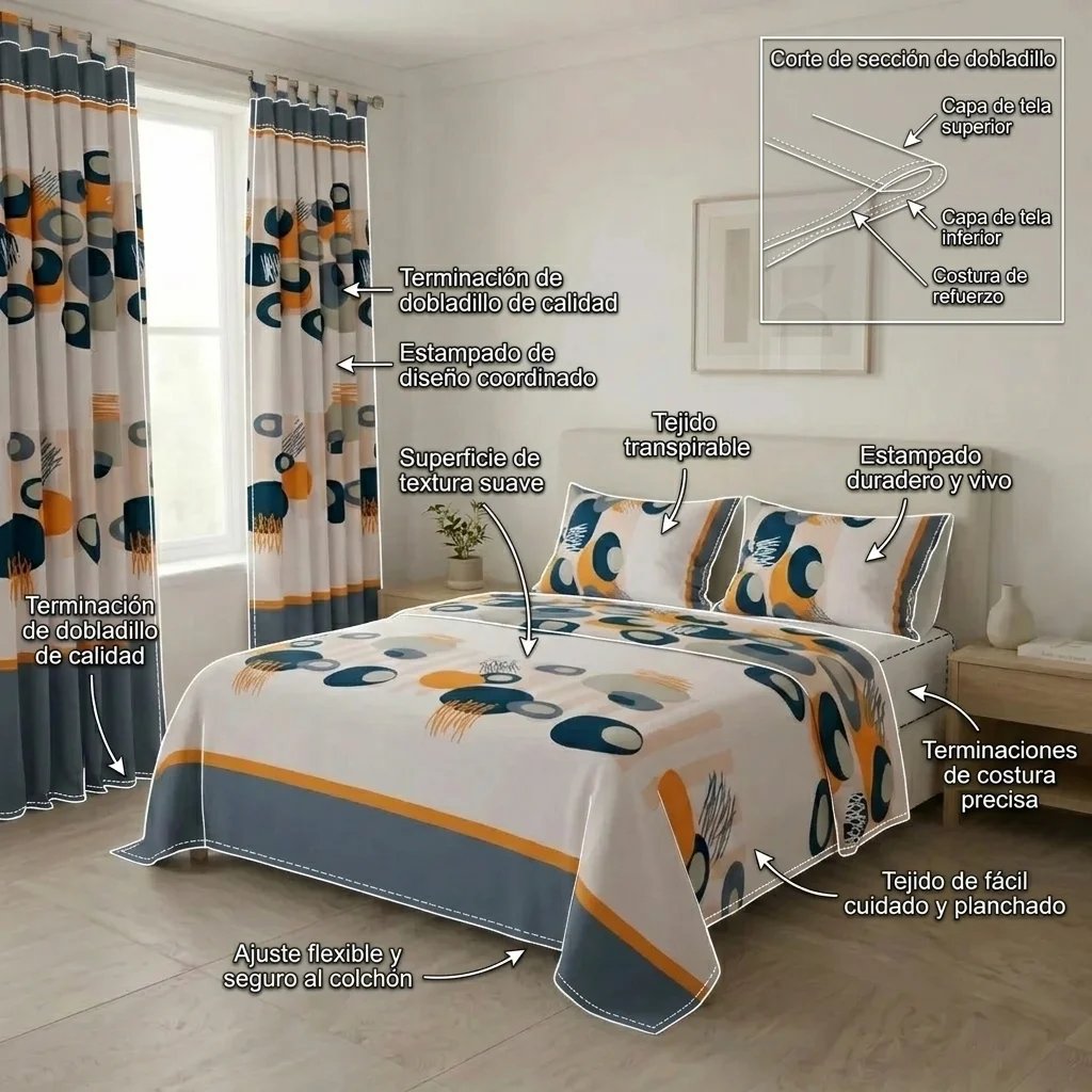 Juego De Sábanas Con Cortinas Blanco Patrón Círculos Azules Ultra Suave-6