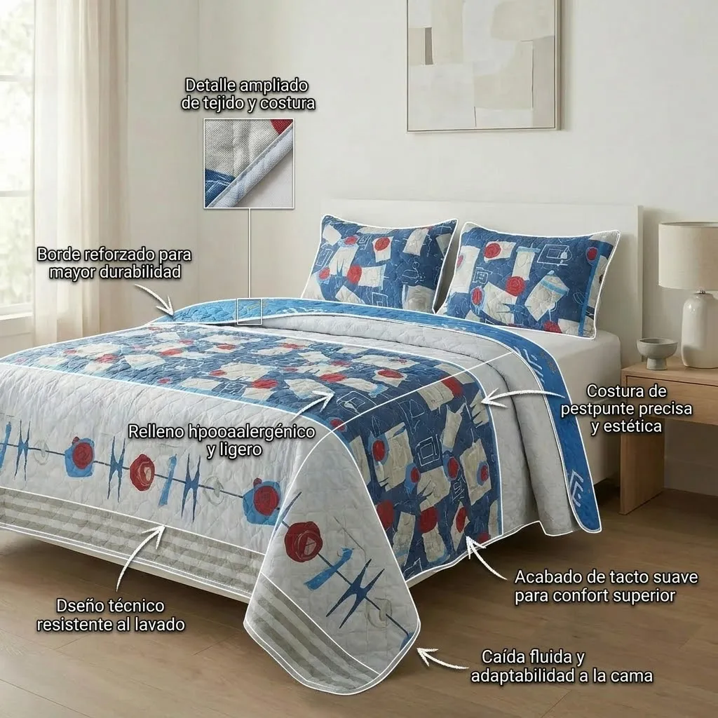 Cubrelecho Doble Faz Termosellado Símbolos Espaciales Fondo Blanco Con Azul Confortable-5