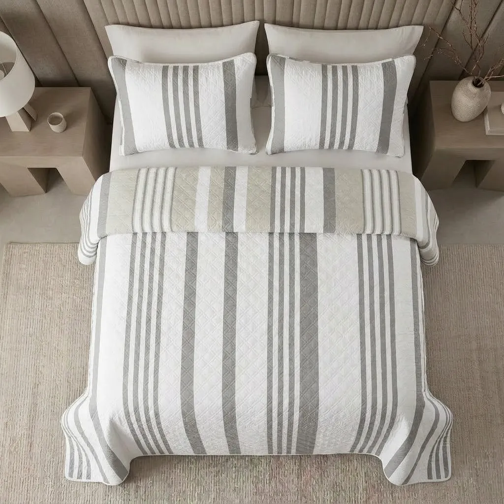 Cubrelecho Prensado Doble Faz Trama Líneas de Vanguardia Gris - Beige-2
