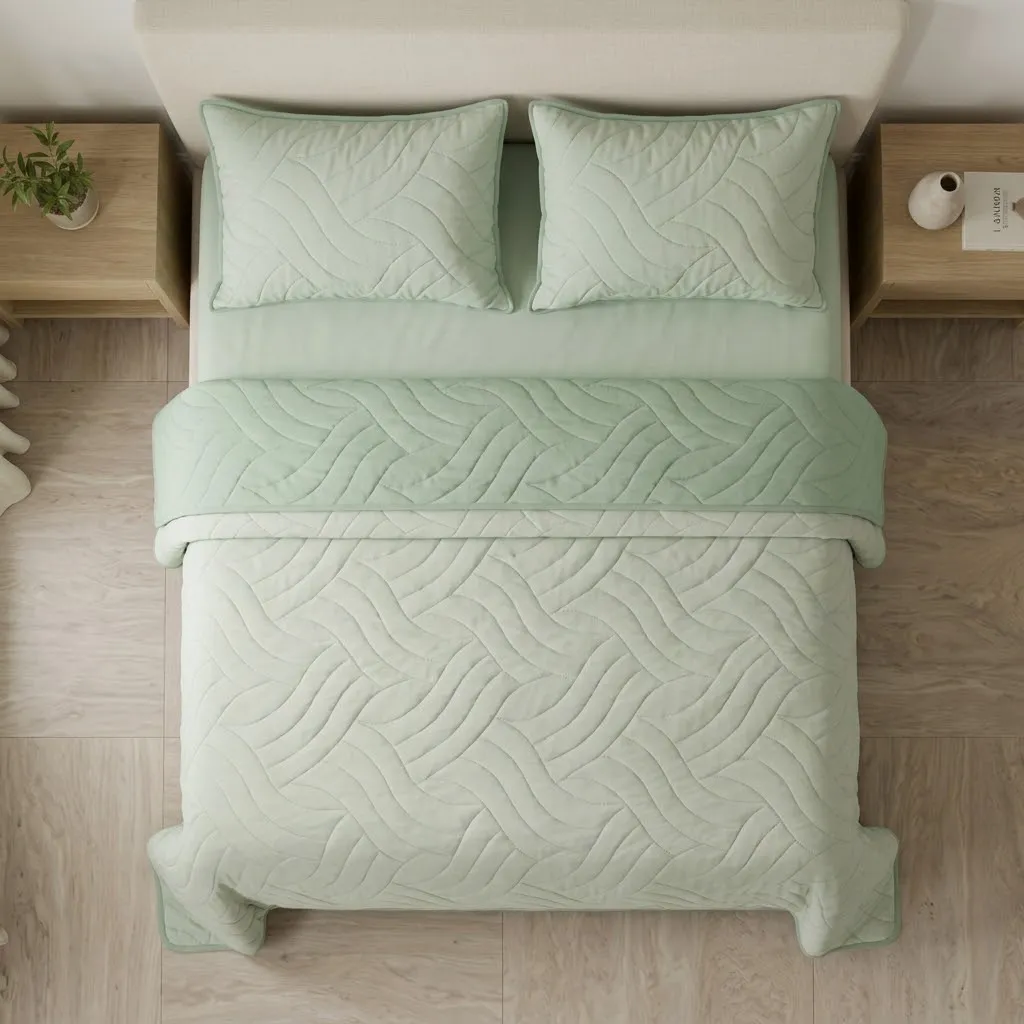 Cubrelecho Doble Faz Termosellado Básico Verde Y Beige De Lujo-2