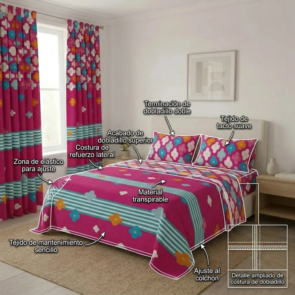 Juego De Sábanas Con Cortinas Fiesta Floral Fucsia-6