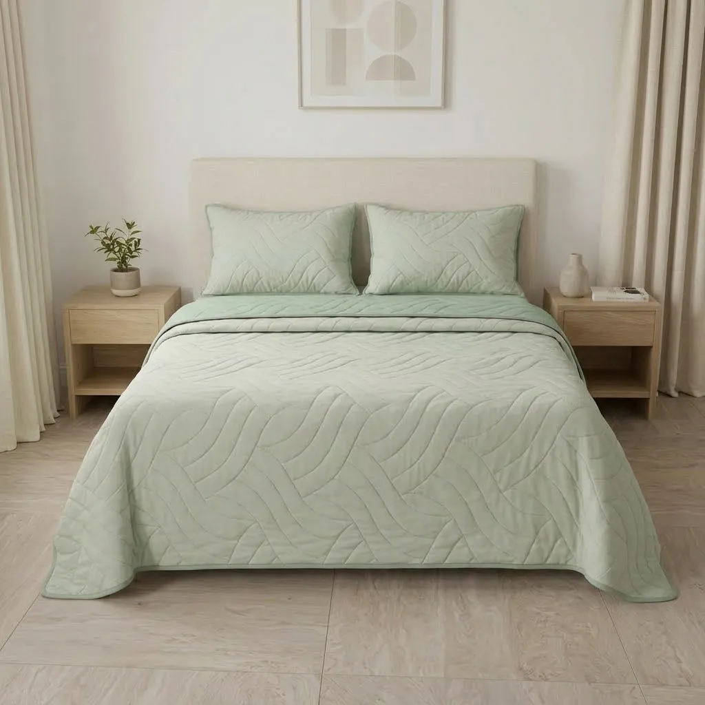 Cubrelecho Doble Faz Termosellado Básico Verde Y Beige De Lujo-3