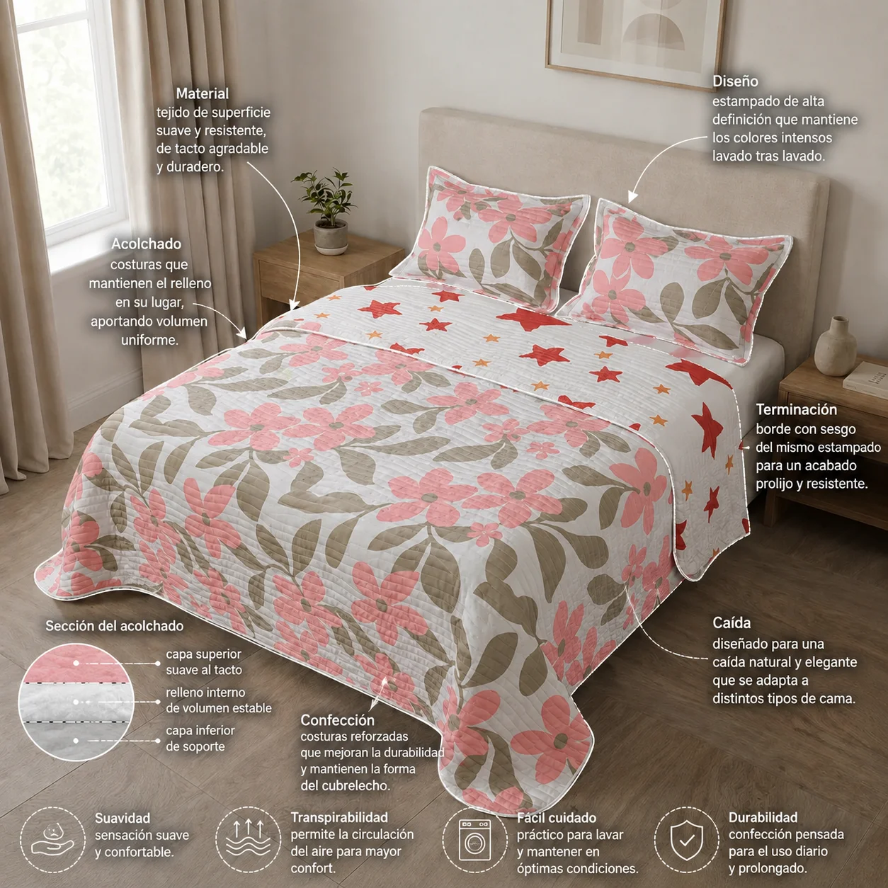 Cubrelecho Estampado Prensado Doble Faz  Starry Rose-6
