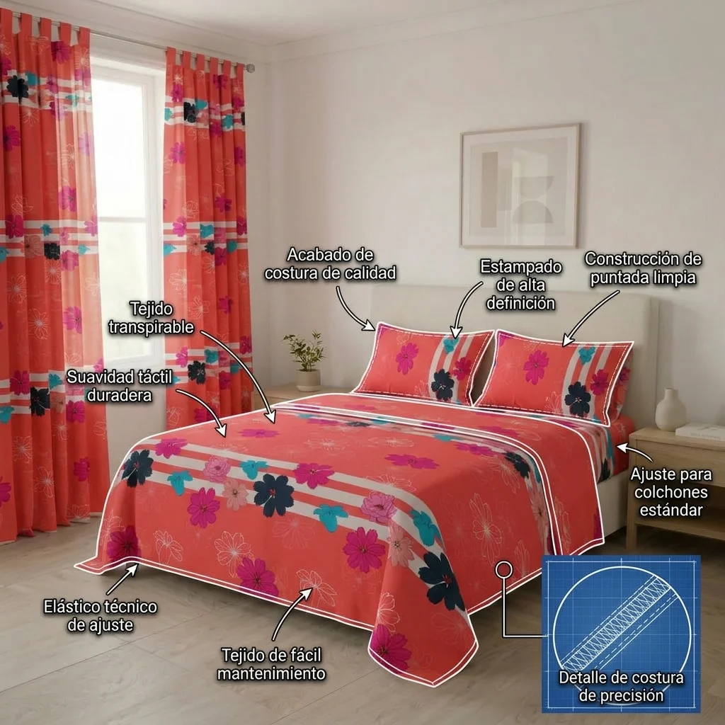 Juego De Sábanas Con Cortinas Salmón Patrón Flores Ultra Suave-6