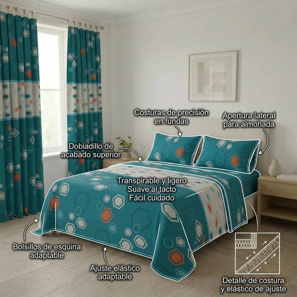 Juego De Sábanas Con Cortinas Mosaico Moderno En Azul-6