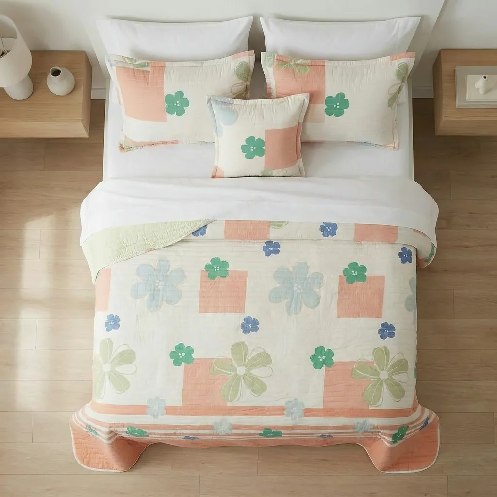 Cubrelecho Estampado Prensado Doble Faz Rosella Floral Salmon-2
