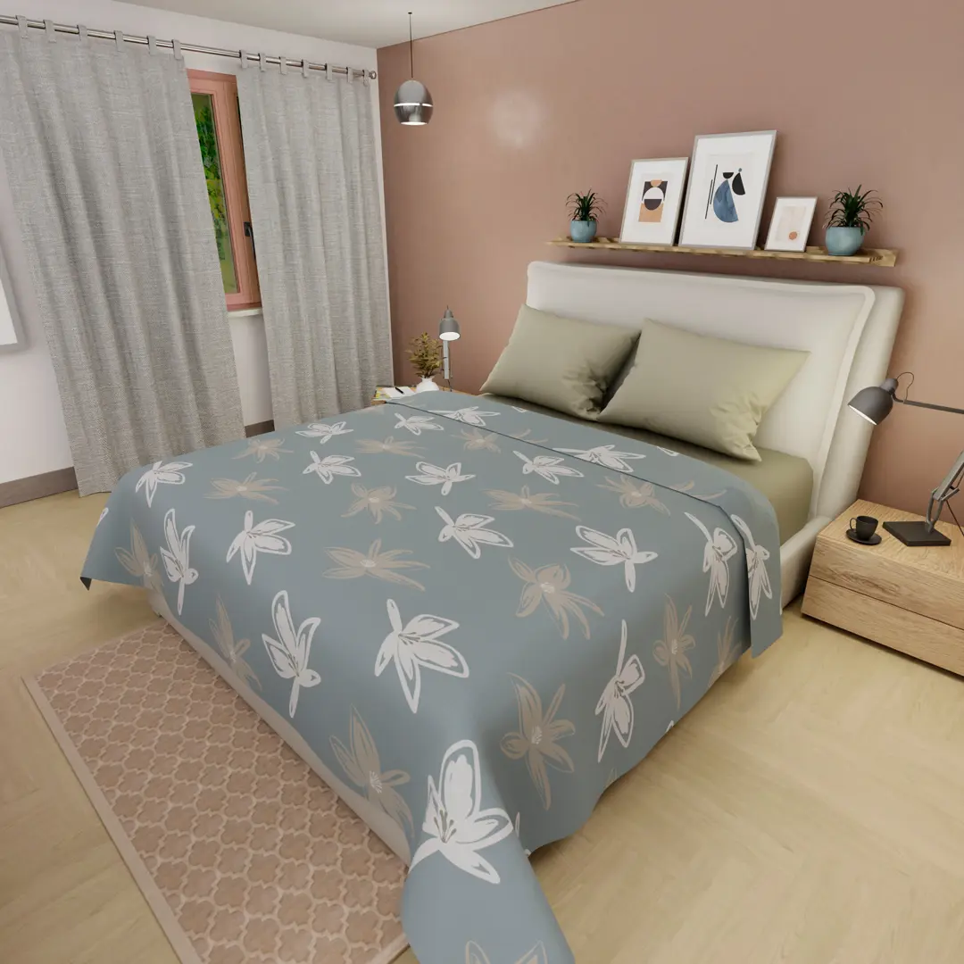 Juegos De Sabanas Tendenza Ajustable Beige Perla Sobresabana Azul Hojas Confortable-2