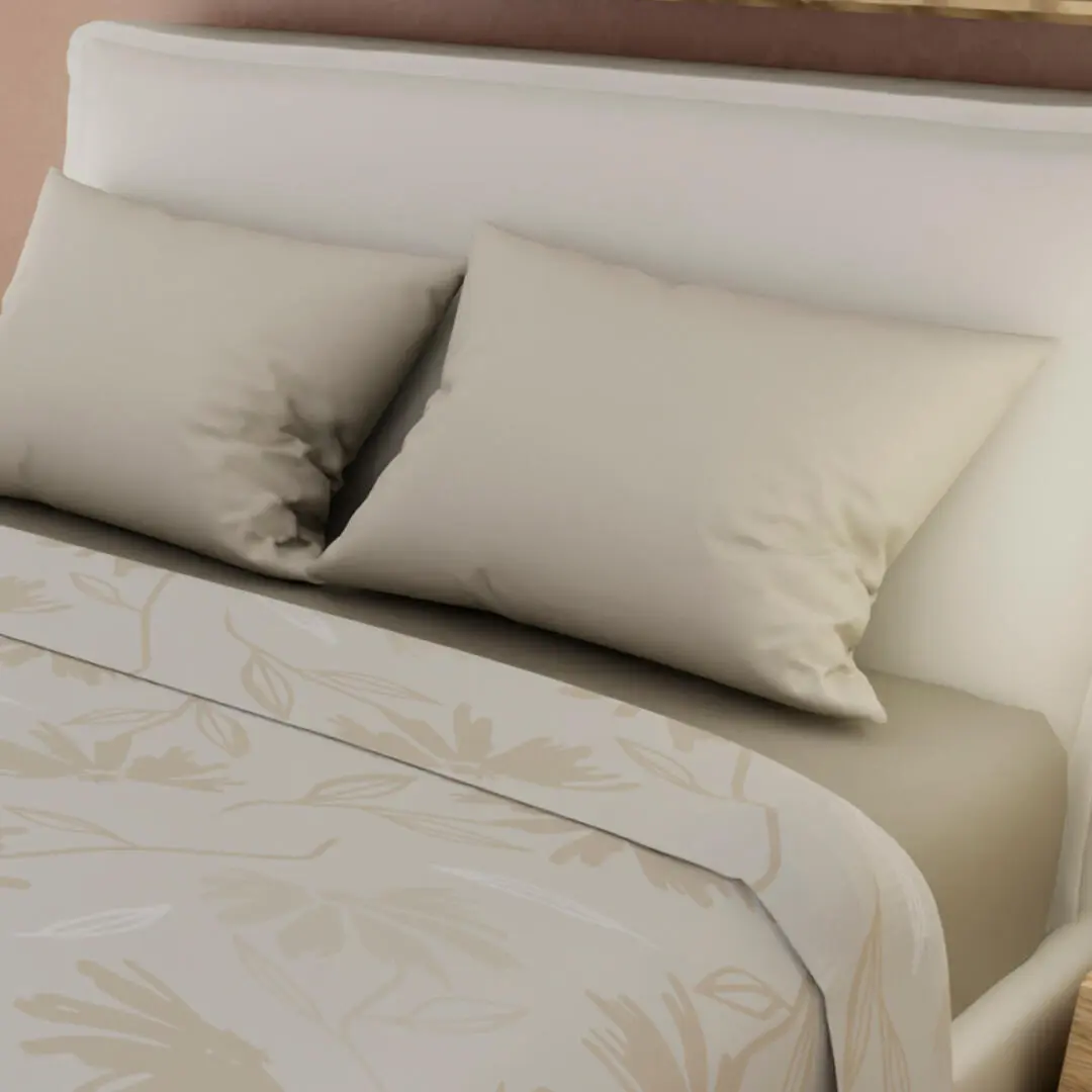 Juegos De Sabanas Tendenza Ajustable Beige Perla Sobresabana Blanco Hojas De Palma Confortable-2