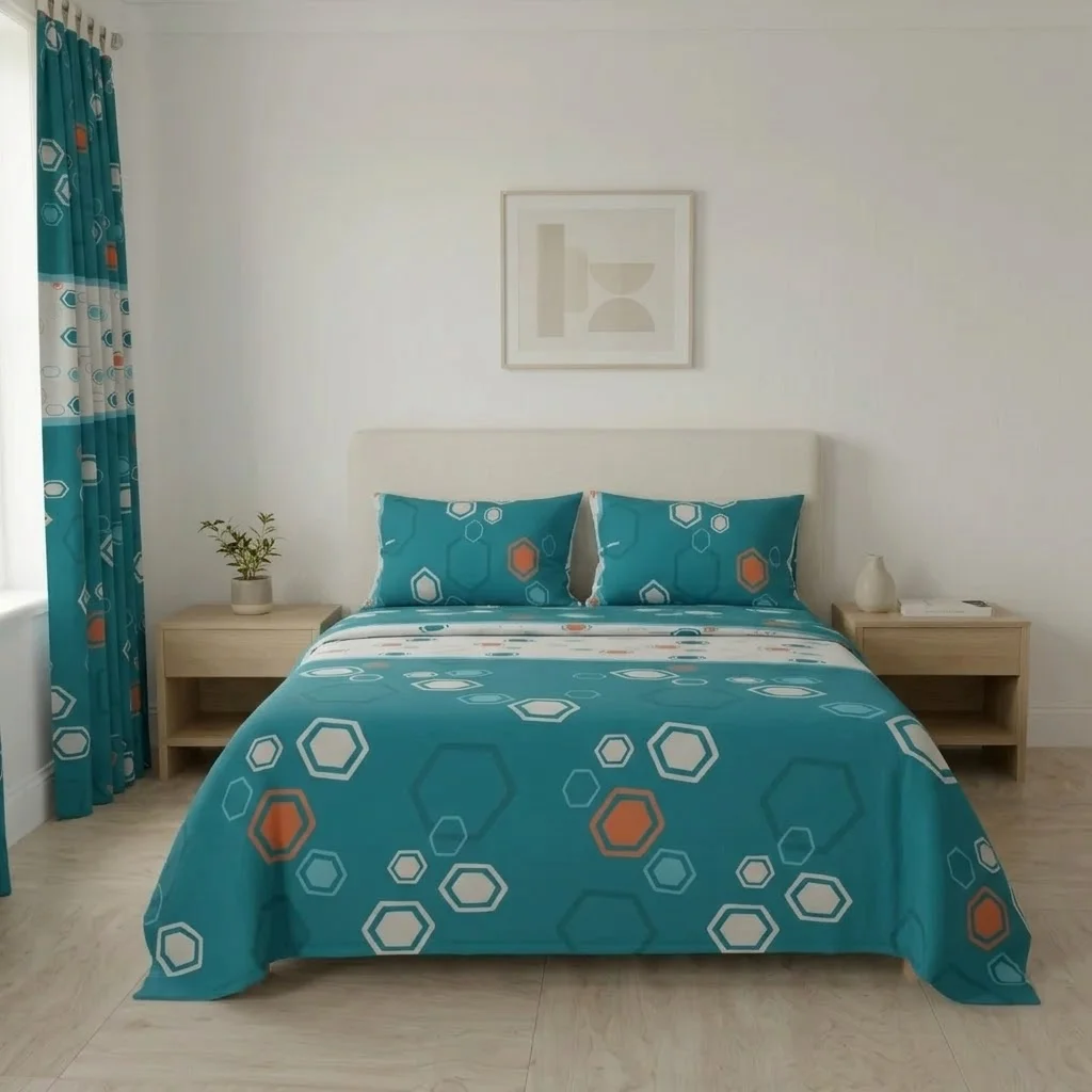 Juego De Sábanas Con Cortinas Mosaico Moderno En Azul-3