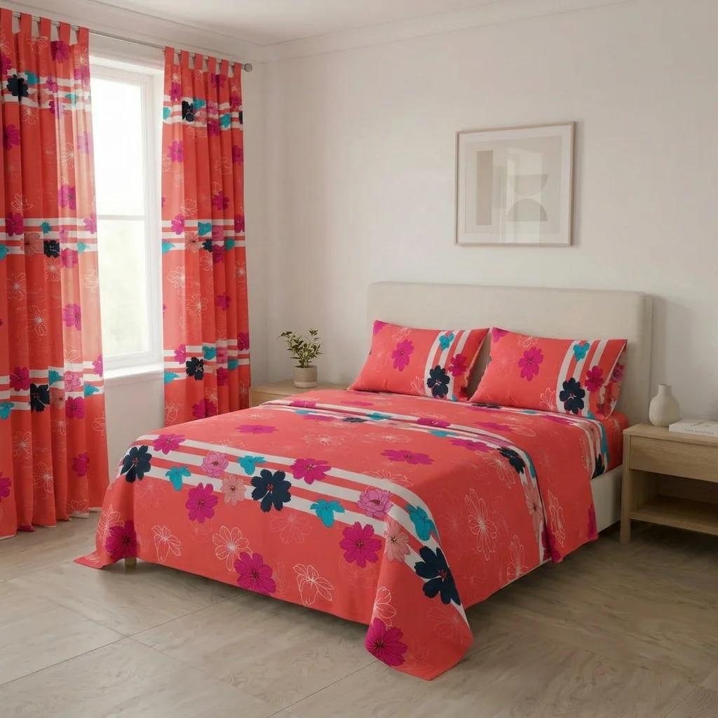 Juego De Sábanas Con Cortinas Salmón Patrón Flores Ultra Suave