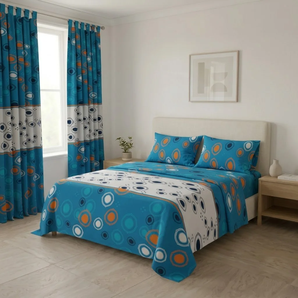 Juego De Sábanas Con Cortinas Órbita Nocturna Azul