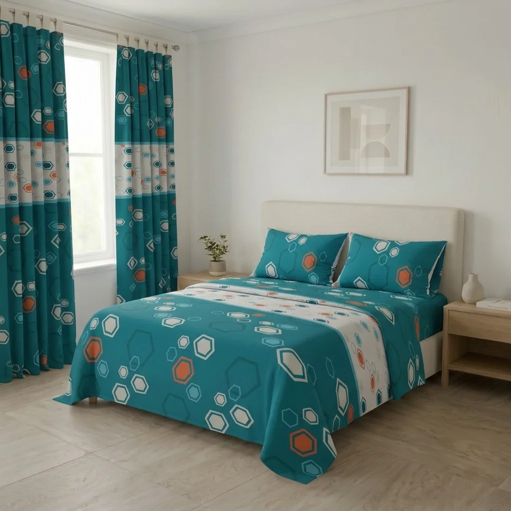 Juego De Sábanas Con Cortinas Mosaico Moderno En Azul