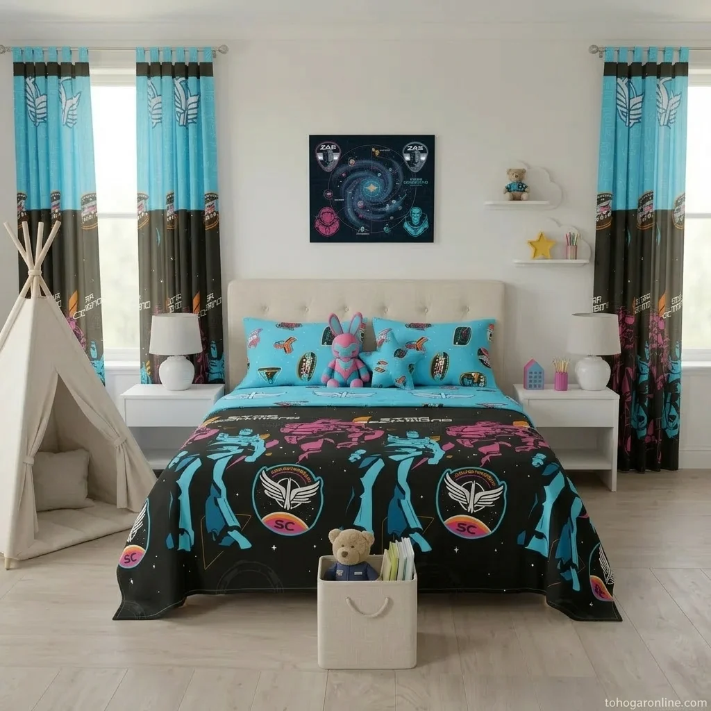 Juego De Sábana Con Cortina Disney Azul Celeste Buzz Ligthyear Estampados Animados-3