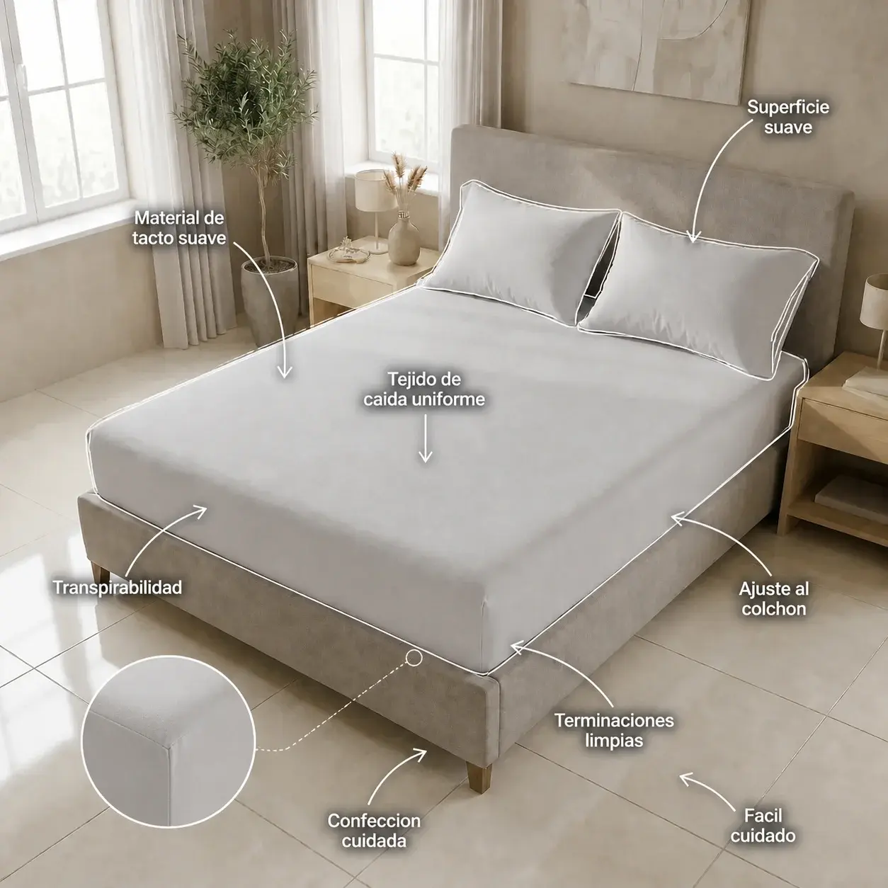 Sábana Ajustable Unicolor Microfibra Suavizada Beige-6