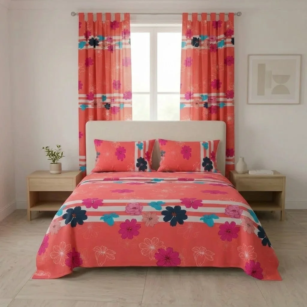 Juego De Sábanas Con Cortinas Salmón Patrón Flores Ultra Suave-3