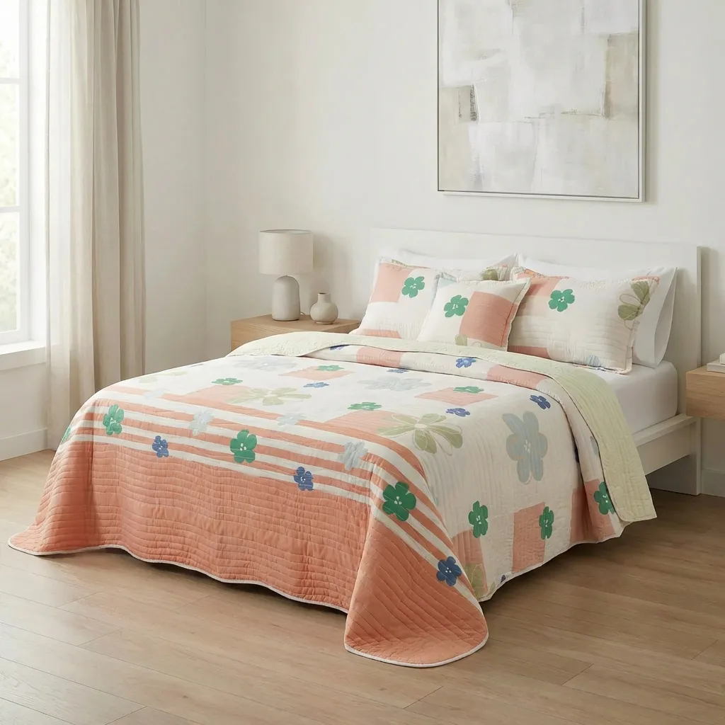 Cubrelecho Estampado Prensado Doble Faz Rosella Floral Salmon