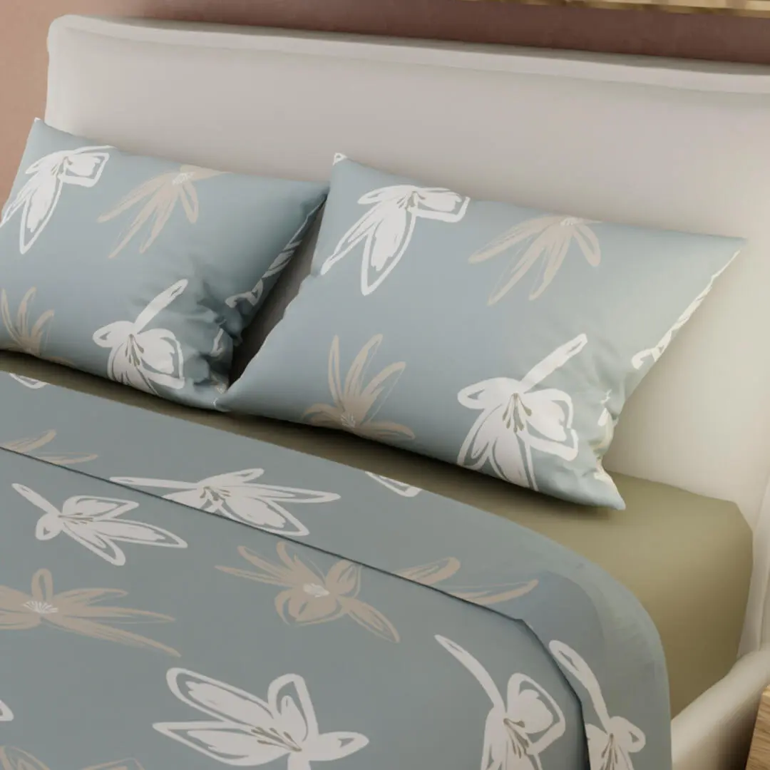 Juegos De Sabanas Tendenza Ajustable Beige Perla Sobresabana Azul Hojas Confortable-4