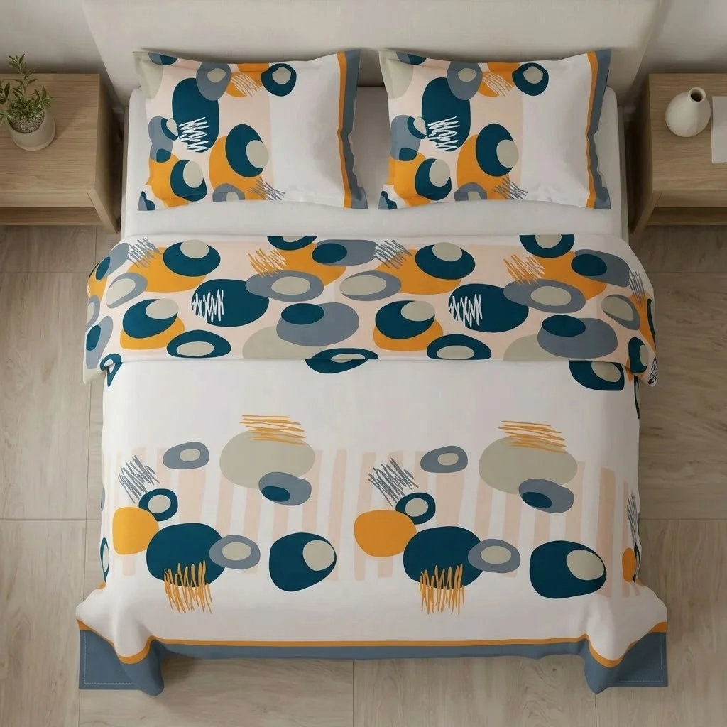 Juego De Sábanas Con Cortinas Blanco Patrón Círculos Azules Ultra Suave-2