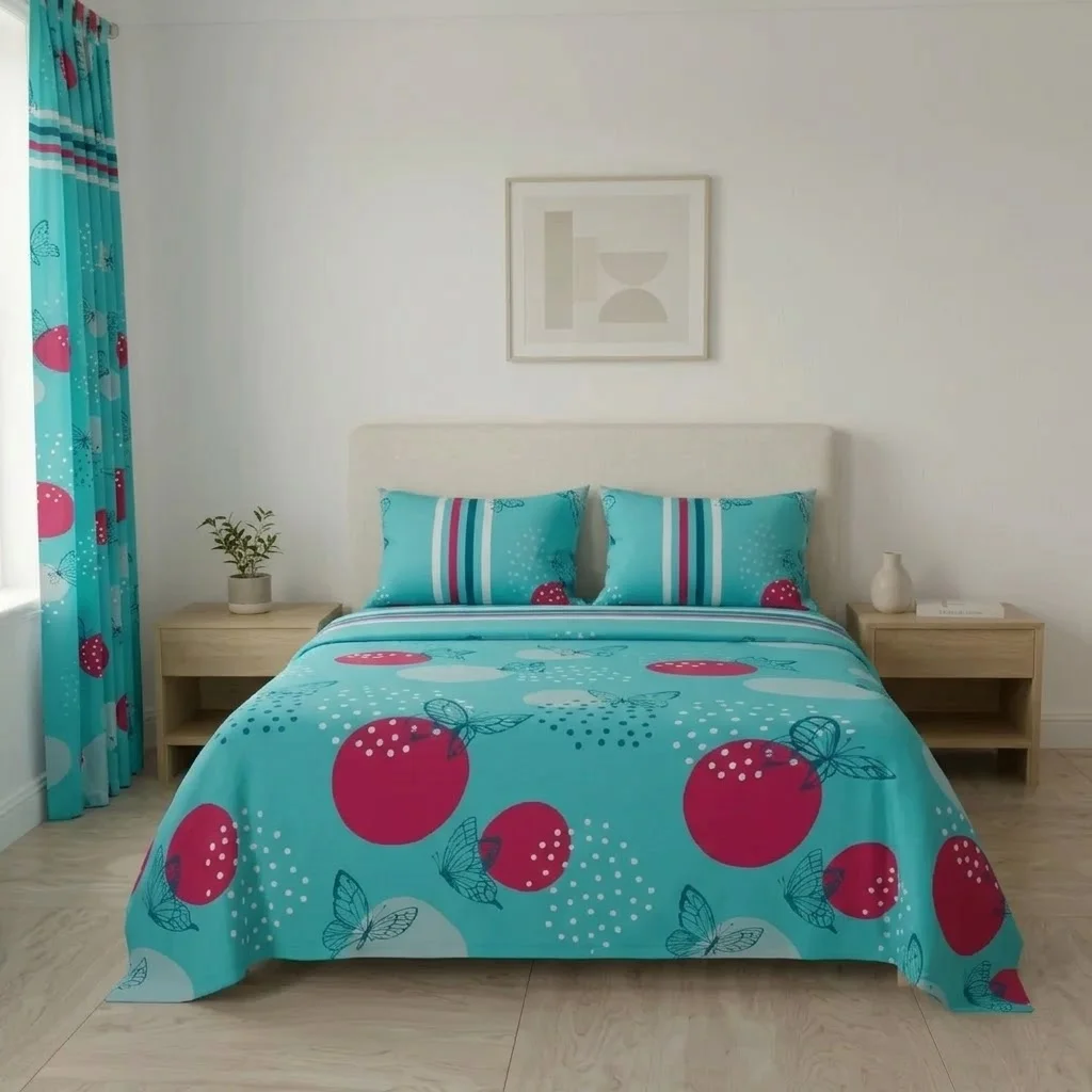 Juego De Sábanas Con Cortinas  Aguamarina Mariposas Ultra Suave-3