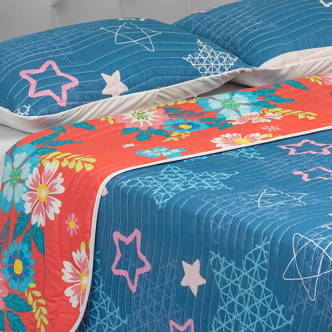 Cubrelecho Estampado Prensado Doble Faz Salmón Azul Patrón Floral-4