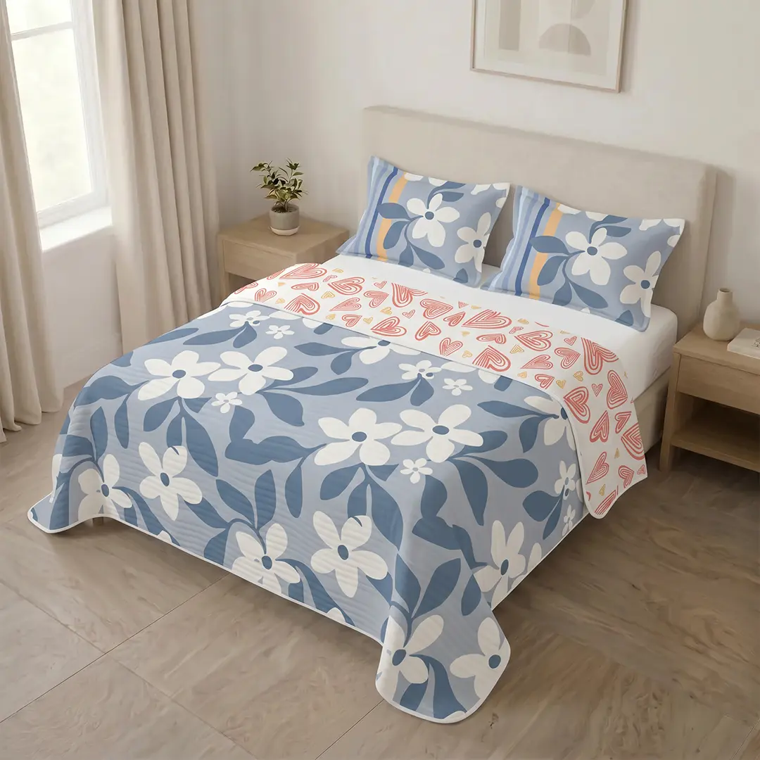 Cubrelecho Estampado Prensado Doble Faz Jardín Celeste