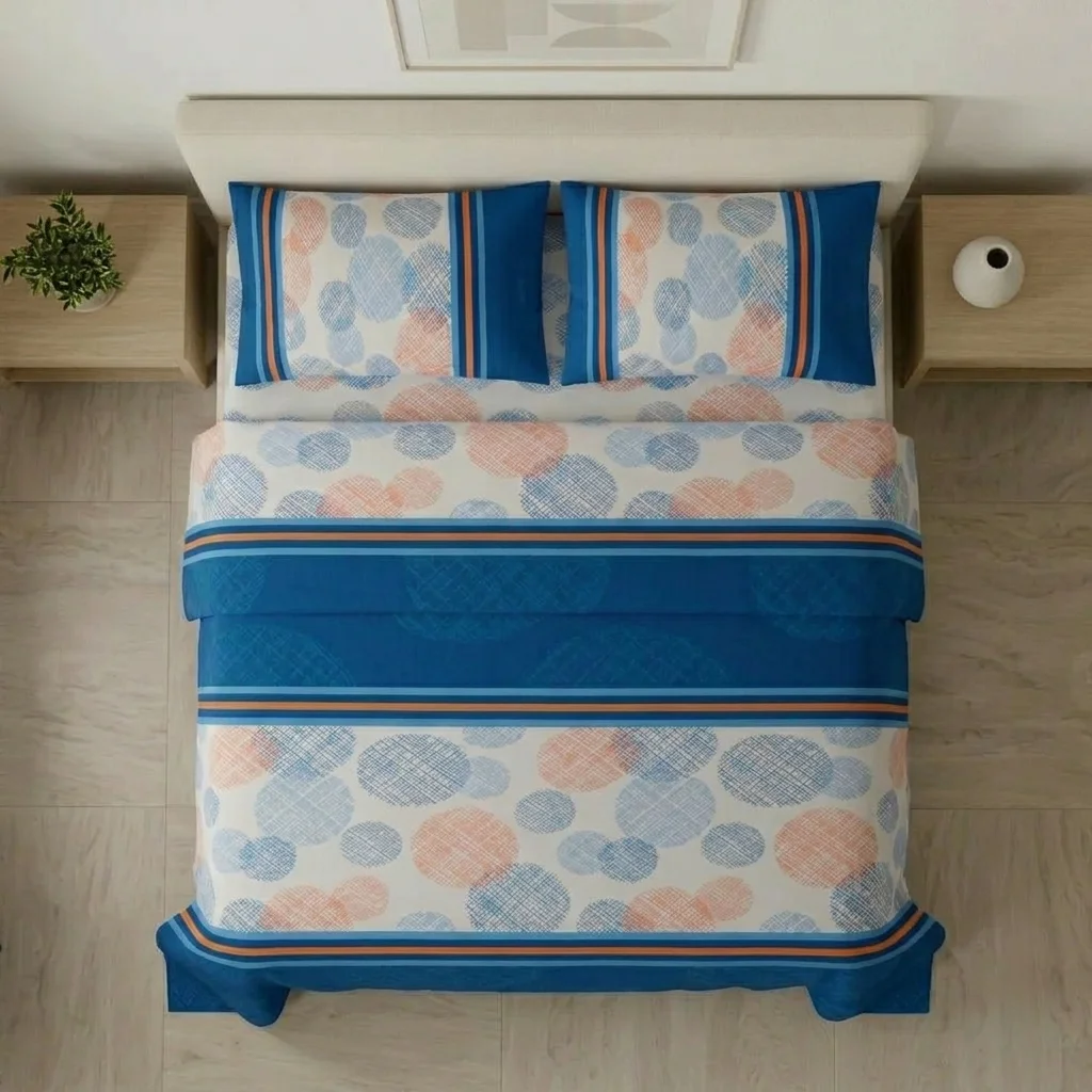 Juego De Sábanas Con Cortinas Azul Patrón Círculos En Rayas Ultra Suave-2