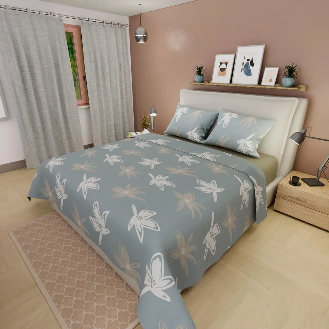 Juegos De Sabanas Tendenza Ajustable Beige Perla Sobresabana Azul Hojas Confortable-3