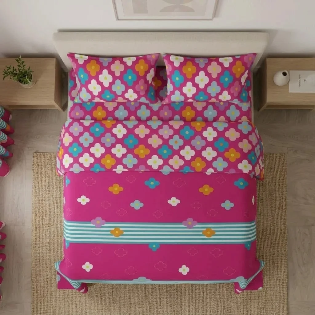 Juego De Sábanas Con Cortinas Fiesta Floral Fucsia-2