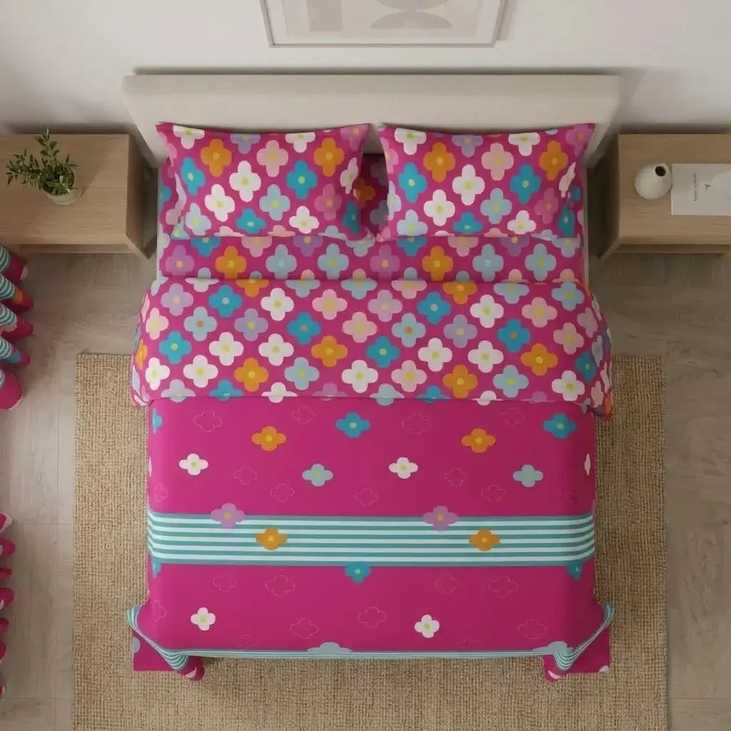 Juego De Sábanas Con Cortinas Fiesta Floral Fucsia-2