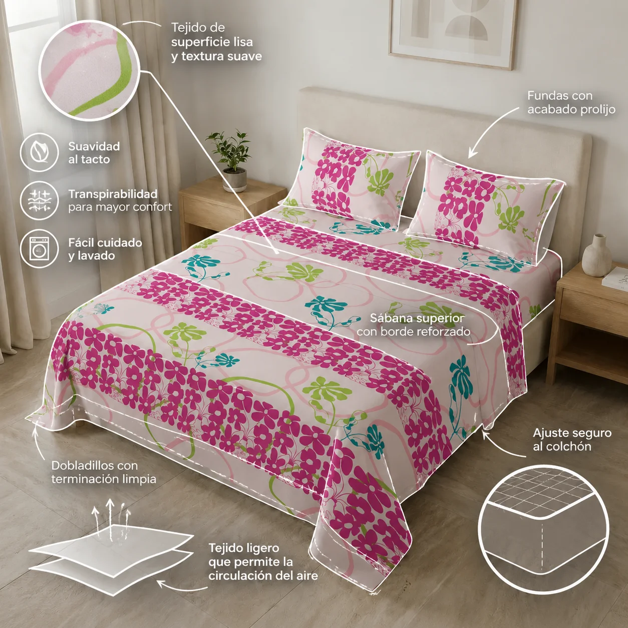 Juego de Sábanas Microfibra Suavizada Petalia Fucsia-6