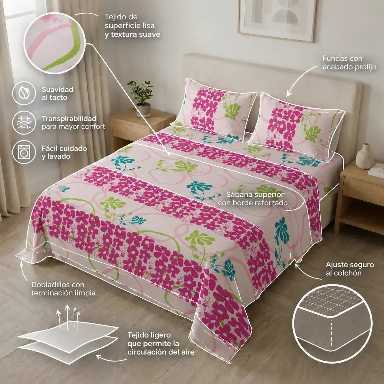 Juego de Sábanas Microfibra Suavizada Petalia Fucsia-6