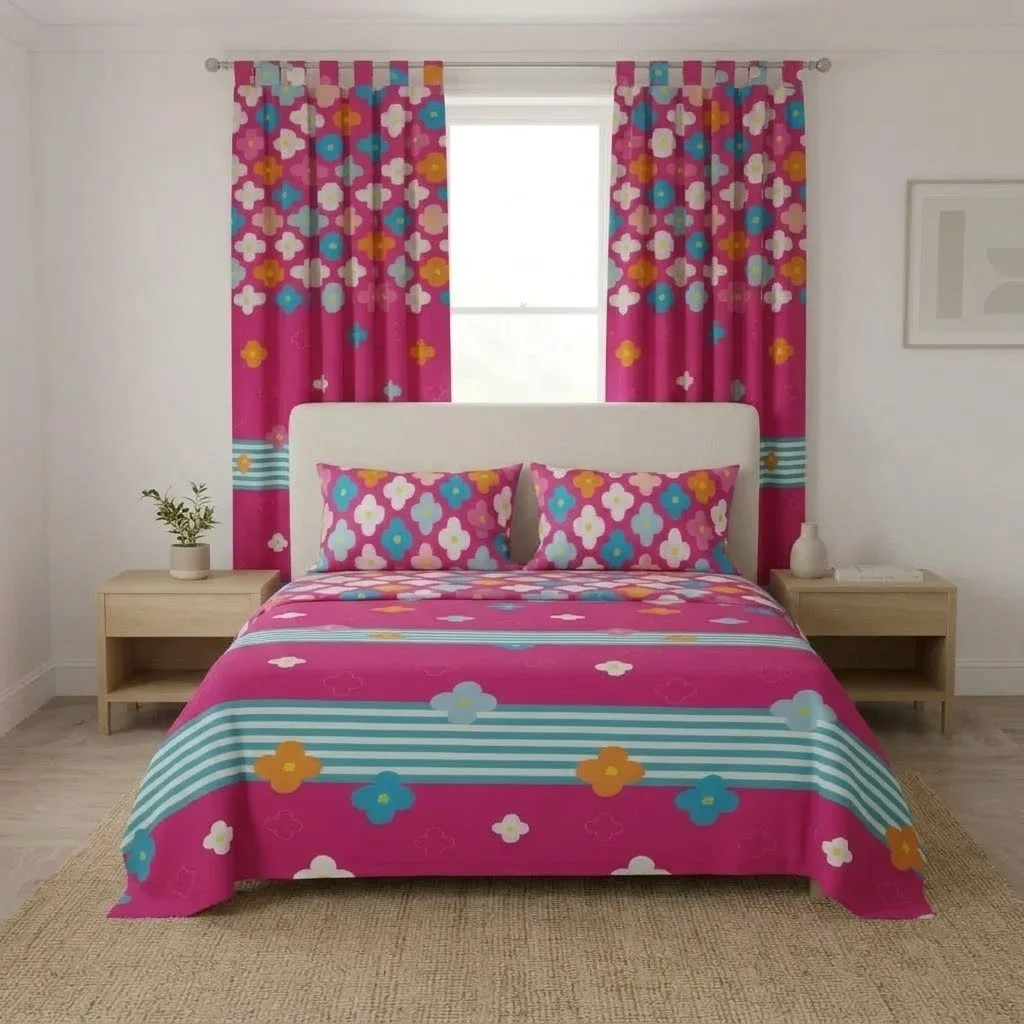 Juego De Sábanas Con Cortinas Fiesta Floral Fucsia-3