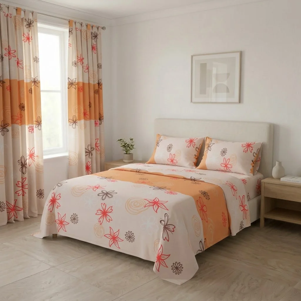 Juego De Sábanas Con Cortinas Naranja Patrón Flores Ultra Suave
