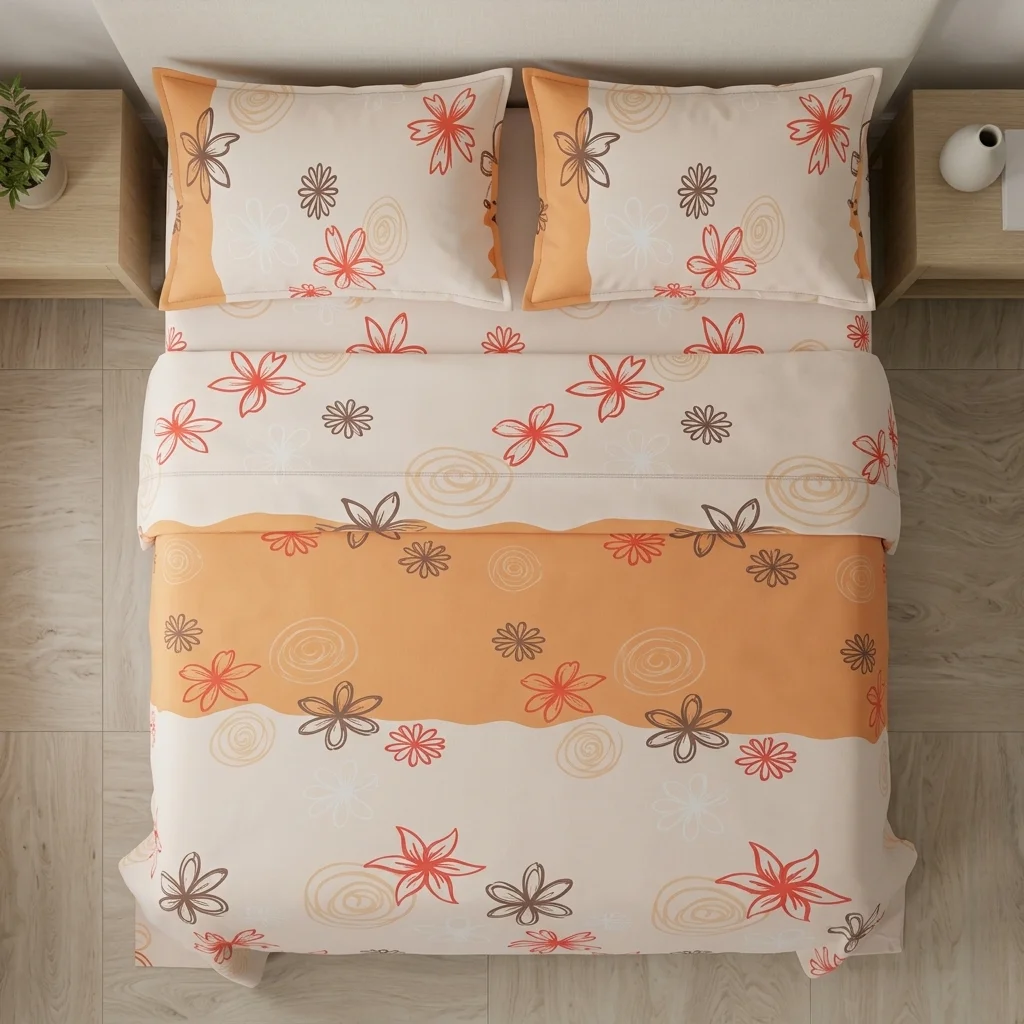 Juego De Sábanas Con Cortinas Naranja Patrón Flores Ultra Suave-2