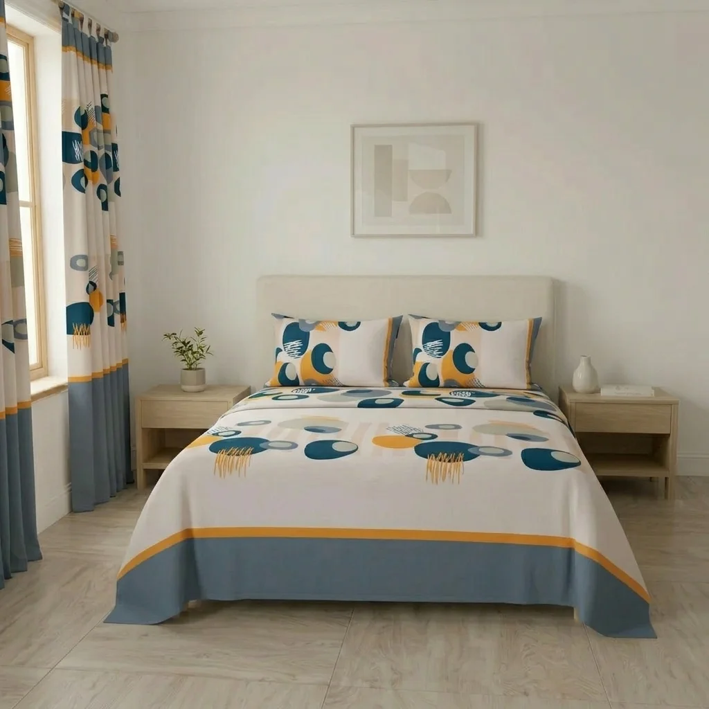 Juego De Sábanas Con Cortinas Blanco Patrón Círculos Azules Ultra Suave-3