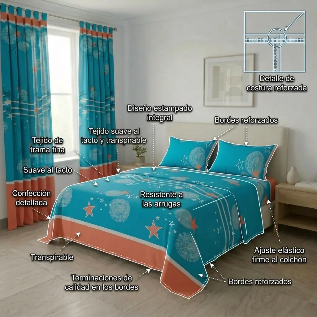 Juego De Sábanas Con Cortinas Azul Patrón Estrellas Ultra Suave-6