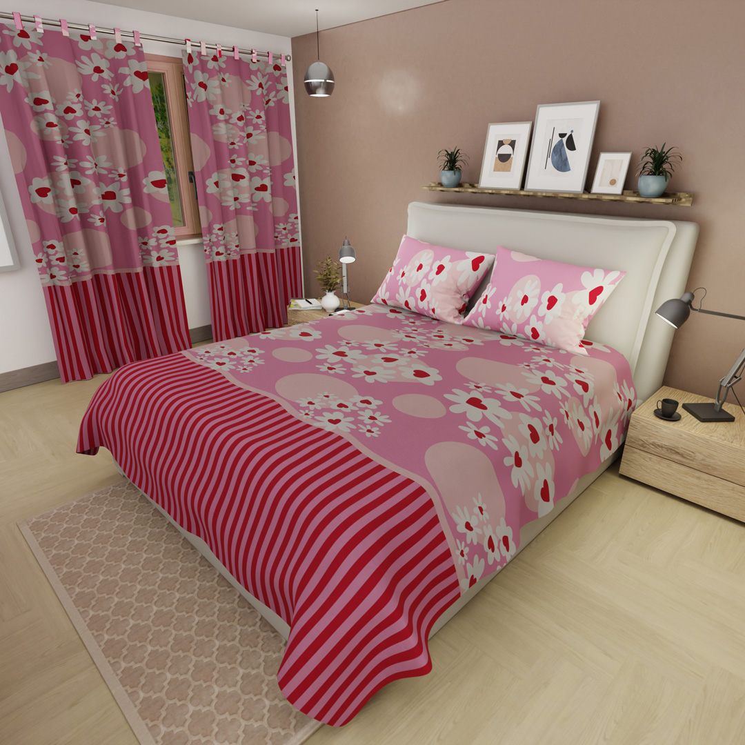 Juego De Sábanas Con Cortinas Vintage Petals Fucsia