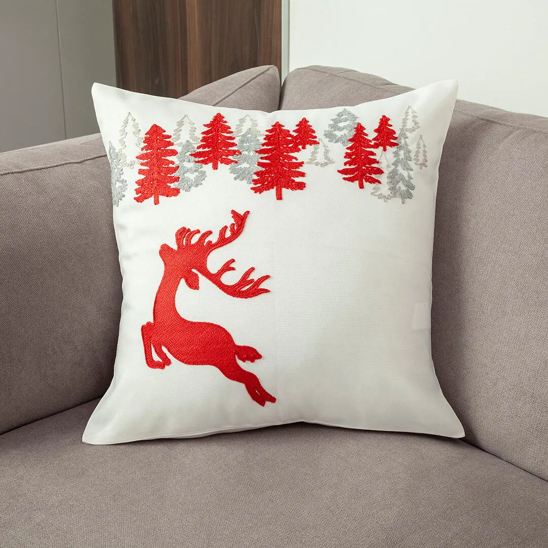 Par De Forros de Navidad Bordado Reno Rojo Fondo Blanco