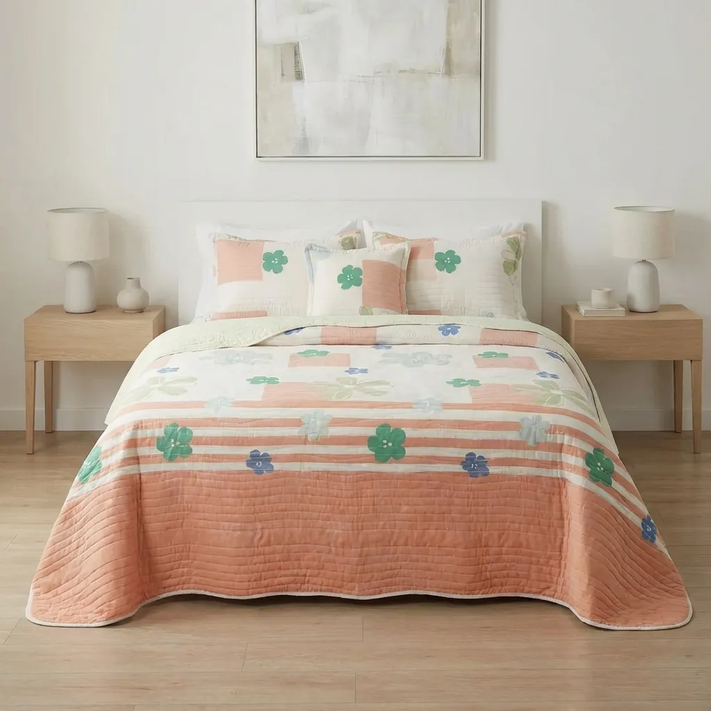 Cubrelecho Estampado Prensado Doble Faz Rosella Floral Salmon-3