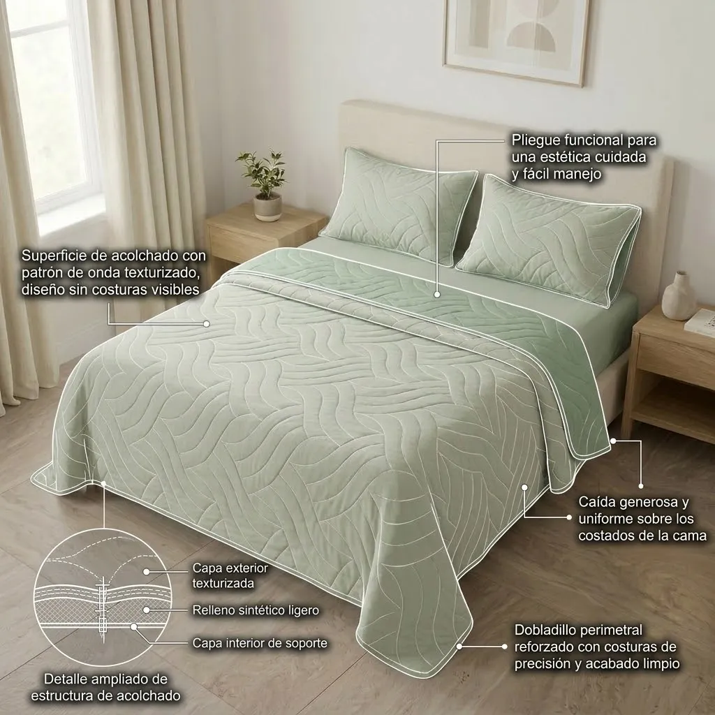 Cubrelecho Doble Faz Termosellado Básico Verde Y Beige De Lujo-5