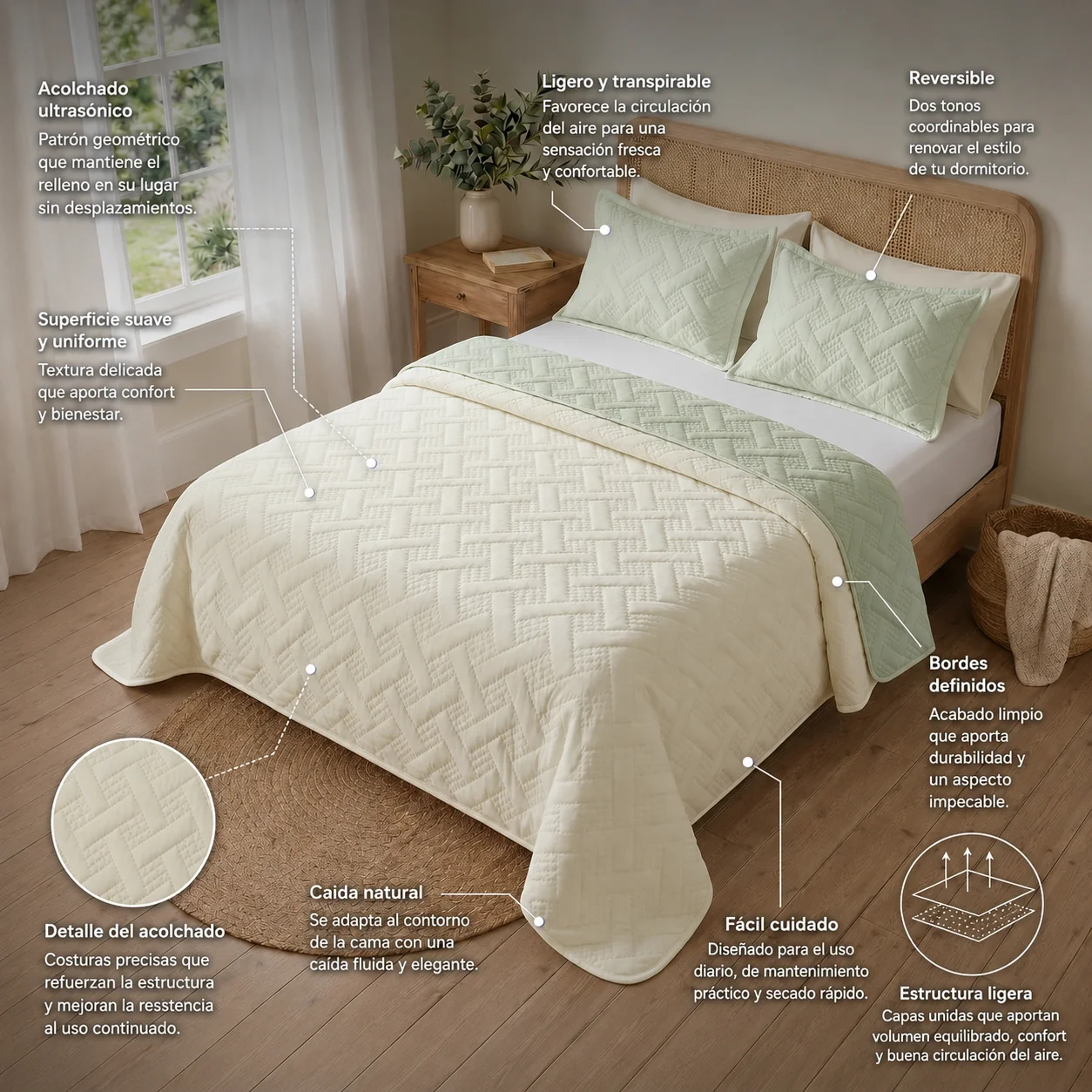 Cubrelecho Termosellado Cotton Sense Solo Fondo Beige - Verde-5